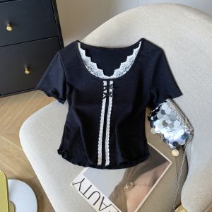 Lace niche Western style splice short sleeve T-shirt